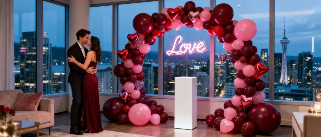 Valentines balloons arc with red white and heart shaped balloons in Vancouver BC