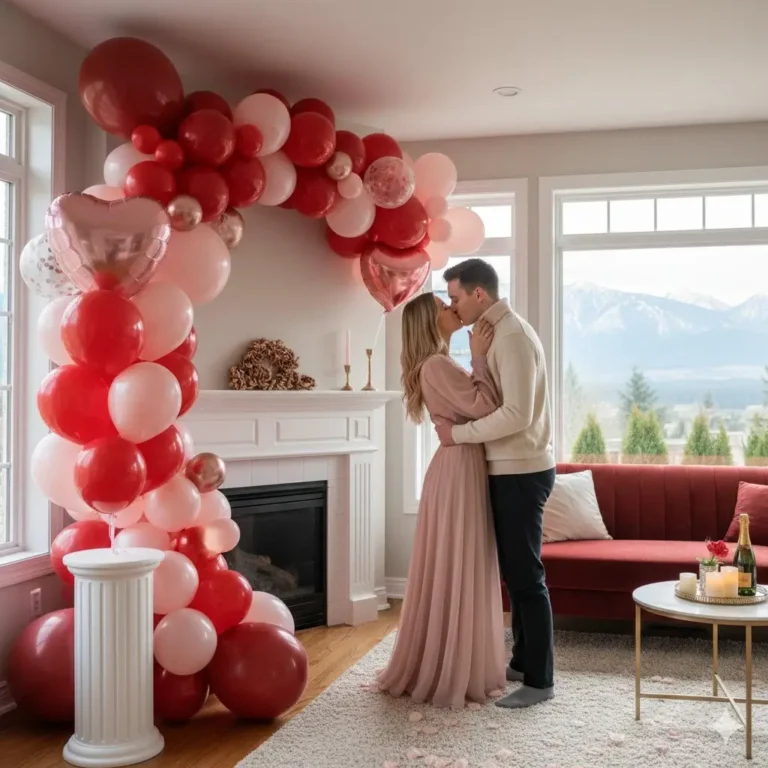 Valentines valentine red and white balloons arc with harts shaped balloons in Abbotsford BC
