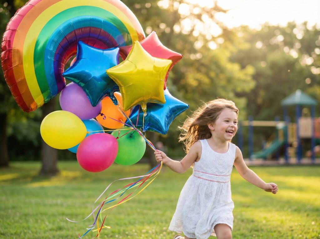 girl running on grass holding colorful balloons and a big rainbow balloon