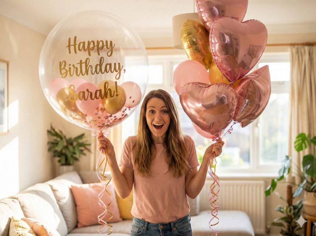 woman is happy to have received pink heart shaped birthday balloons